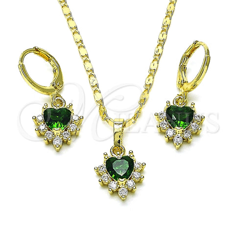 Juego de Arete y Dije de Adulto 10.196.0145 Oro Laminado, Diseño de Corazón y Cluster, con Verde and Blanca Zirconia Cubica, Pulido, Tono Dorado