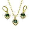 Juego de Arete y Dije de Adulto 10.196.0145 Oro Laminado, Diseño de Corazón y Cluster, con Verde and Blanca Zirconia Cubica, Pulido, Tono Dorado