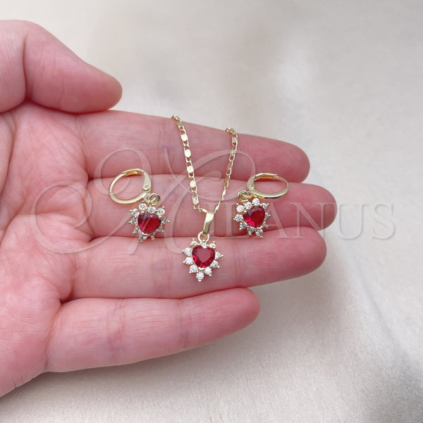 Juego de Arete y Dije de Adulto 10.196.0145.1 Oro Laminado, Diseño de Corazón y Cluster, con Rubi and Blanca Zirconia Cubica, Pulido, Tono Dorado