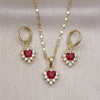 Juego de Arete y Dije de Adulto 10.196.0145.1 Oro Laminado, Diseño de Corazón y Cluster, con Rubi and Blanca Zirconia Cubica, Pulido, Tono Dorado