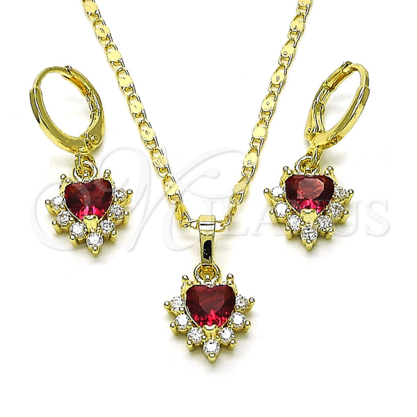 Juego de Arete y Dije de Adulto 10.196.0145.1 Oro Laminado, Diseño de Corazón y Cluster, con Rubi and Blanca Zirconia Cubica, Pulido, Tono Dorado
