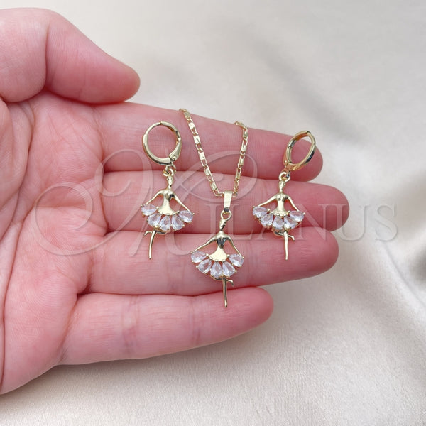 Juego de Arete y Dije de Adulto 10.196.0148 Oro Laminado, Diseño de Niñita Pequeña, con Blanca Zirconia Cubica, Pulido, Tono Dorado