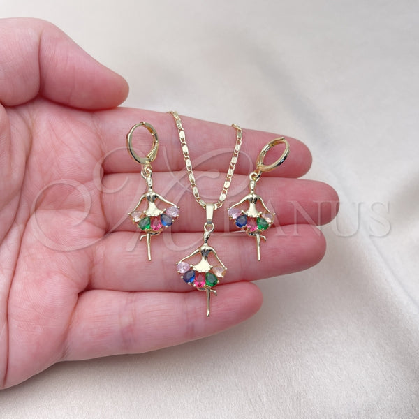 Juego de Arete y Dije de Adulto 10.196.0148.1 Oro Laminado, Diseño de Niñita Pequeña, con Multicolor Zirconia Cubica, Pulido, Tono Dorado
