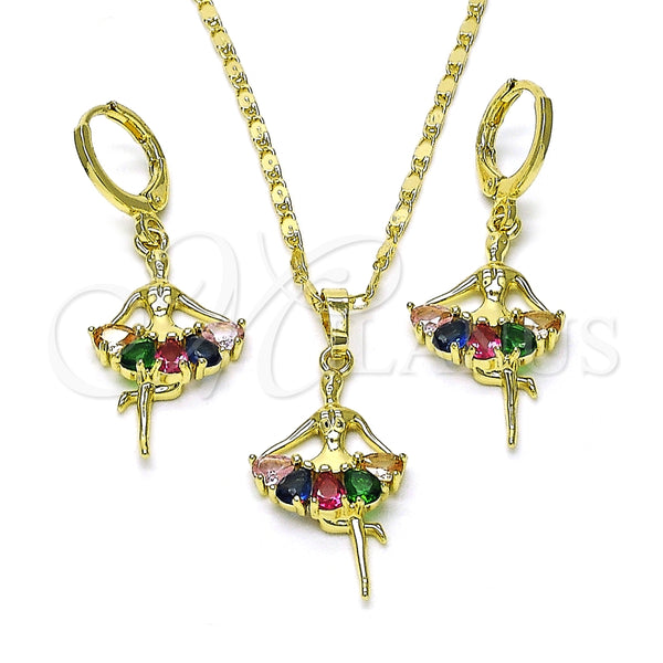 Juego de Arete y Dije de Adulto 10.196.0148.1 Oro Laminado, Diseño de Niñita Pequeña, con Multicolor Zirconia Cubica, Pulido, Tono Dorado