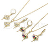 Juego de Arete y Dije de Adulto 10.196.0148.1 Oro Laminado, Diseño de Niñita Pequeña, con Multicolor Zirconia Cubica, Pulido, Tono Dorado