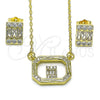Juego de Arete y Dije de Adulto 10.196.0154 Oro Laminado, Diseño de Baguette y Rolo, con Blanca Zirconia Cubica, Pulido, Tono Dorado