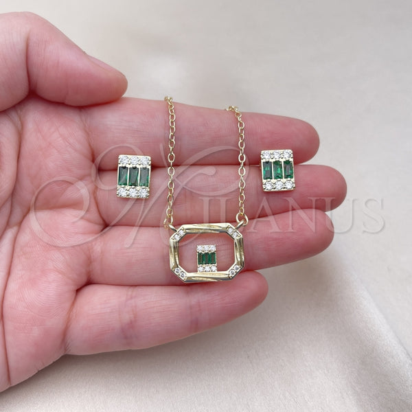 Juego de Arete y Dije de Adulto 10.196.0154.1 Oro Laminado, Diseño de Baguette, con Verde and Blanca Zirconia Cubica, Pulido, Tono Dorado