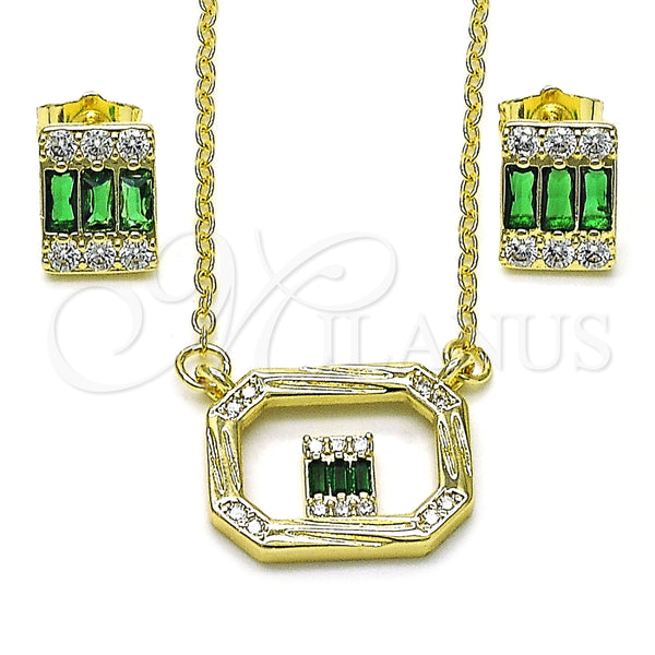 Juego de Arete y Dije de Adulto 10.196.0154.1 Oro Laminado, Diseño de Baguette, con Verde and Blanca Zirconia Cubica, Pulido, Tono Dorado
