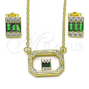 Juego de Arete y Dije de Adulto 10.196.0154.1 Oro Laminado, Diseño de Baguette, con Verde and Blanca Zirconia Cubica, Pulido, Tono Dorado