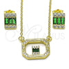 Juego de Arete y Dije de Adulto 10.196.0154.1 Oro Laminado, Diseño de Baguette, con Verde and Blanca Zirconia Cubica, Pulido, Tono Dorado