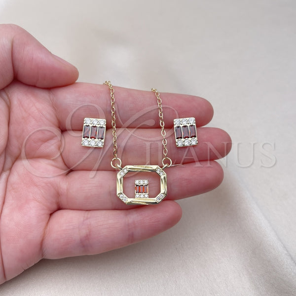 Juego de Arete y Dije de Adulto 10.196.0154.2 Oro Laminado, Diseño de Baguette, con Granate and Blanca Zirconia Cubica, Pulido, Tono Dorado