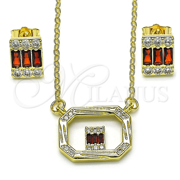 Juego de Arete y Dije de Adulto 10.196.0154.2 Oro Laminado, Diseño de Baguette, con Granate and Blanca Zirconia Cubica, Pulido, Tono Dorado