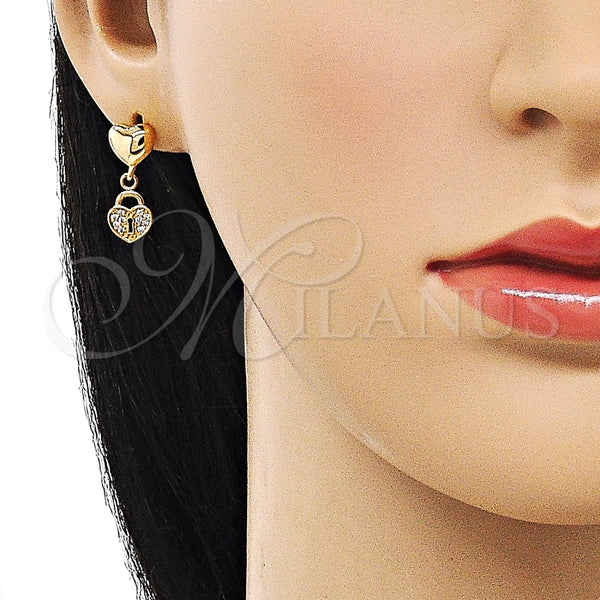 Arete Colgante 02.156.0687 Oro Laminado, Diseño de Corazón y Candado, con Blanca Micro Pave, Pulido, Tono Dorado