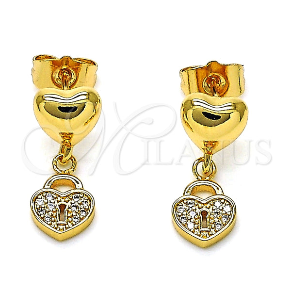 Arete Colgante 02.156.0687 Oro Laminado, Diseño de Corazón y Candado, con Blanca Micro Pave, Pulido, Tono Dorado
