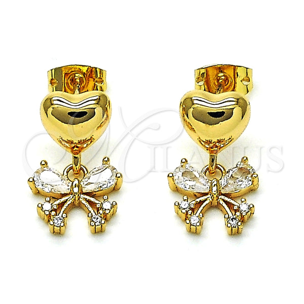 Arete Colgante 02.156.0688 Oro Laminado, Diseño de Mariposa y Corazón, con Blanca Zirconia Cubica, Pulido, Tono Dorado