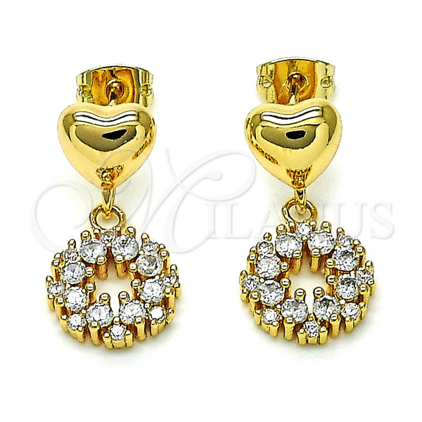 Arete Colgante 02.156.0689 Oro Laminado, Diseño de Corazón, con Blanca Zirconia Cubica, Pulido, Tono Dorado