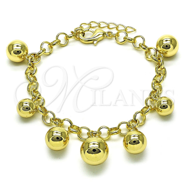 Pulsera de Dije 03.213.0265.07 Oro Laminado, Diseño de Bola y Rolo, Pulido, Tono Dorado (Grosor 06 MM, 7 Pulgadas de Largo)