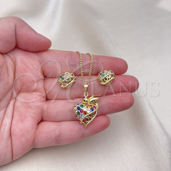 Juego de Arete y Dije de Adulto 10.284.0032 Oro Laminado, Diseño de Corazón y Pajaro, con Multicolor Zirconia Cubica, Pulido, Tono Dorado