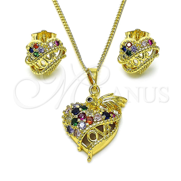 Juego de Arete y Dije de Adulto 10.284.0032 Oro Laminado, Diseño de Corazón y Pajaro, con Multicolor Zirconia Cubica, Pulido, Tono Dorado