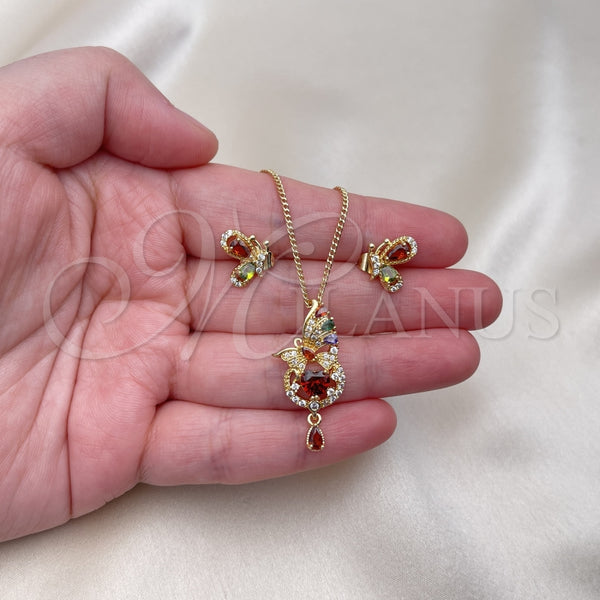 Juego de Arete y Dije de Adulto 10.284.0034 Oro Laminado, Diseño de Mariposa y Corazón, con Multicolor and Blanca Zirconia Cubica, Pulido, Tono Dorado