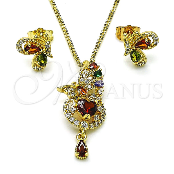 Juego de Arete y Dije de Adulto 10.284.0034 Oro Laminado, Diseño de Mariposa y Corazón, con Multicolor and Blanca Zirconia Cubica, Pulido, Tono Dorado