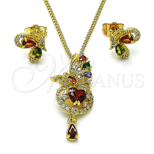Juego de Arete y Dije de Adulto 10.284.0034 Oro Laminado, Diseño de Mariposa y Corazón, con Multicolor and Blanca Zirconia Cubica, Pulido, Tono Dorado