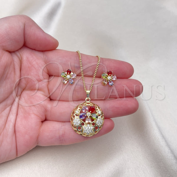 Juego de Arete y Dije de Adulto 10.284.0036 Oro Laminado, Diseño de Flor, con Multicolor Zirconia Cubica and Blanca Micro Pave, Pulido, Tono Dorado