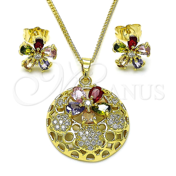 Juego de Arete y Dije de Adulto 10.284.0036 Oro Laminado, Diseño de Flor, con Multicolor Zirconia Cubica and Blanca Micro Pave, Pulido, Tono Dorado