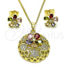 Juego de Arete y Dije de Adulto 10.284.0036 Oro Laminado, Diseño de Flor, con Multicolor Zirconia Cubica and Blanca Micro Pave, Pulido, Tono Dorado