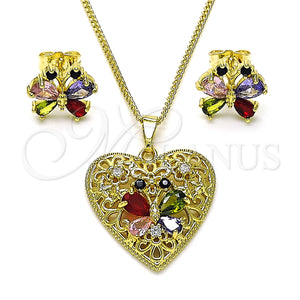 Juego de Arete y Dije de Adulto 10.284.0037 Oro Laminado, Diseño de Corazón y Mariposa, con Multicolor Zirconia Cubica, Pulido, Tono Dorado