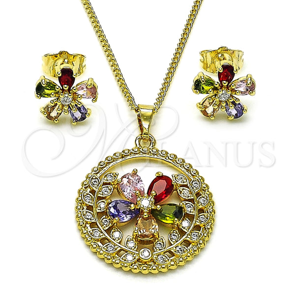 Juego de Arete y Dije de Adulto 10.284.0040 Oro Laminado, Diseño de Flor, con Multicolor and Blanca Zirconia Cubica, Pulido, Tono Dorado