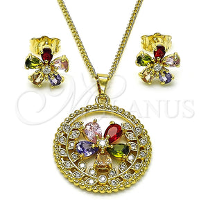 Juego de Arete y Dije de Adulto 10.284.0040 Oro Laminado, Diseño de Flor, con Multicolor and Blanca Zirconia Cubica, Pulido, Tono Dorado