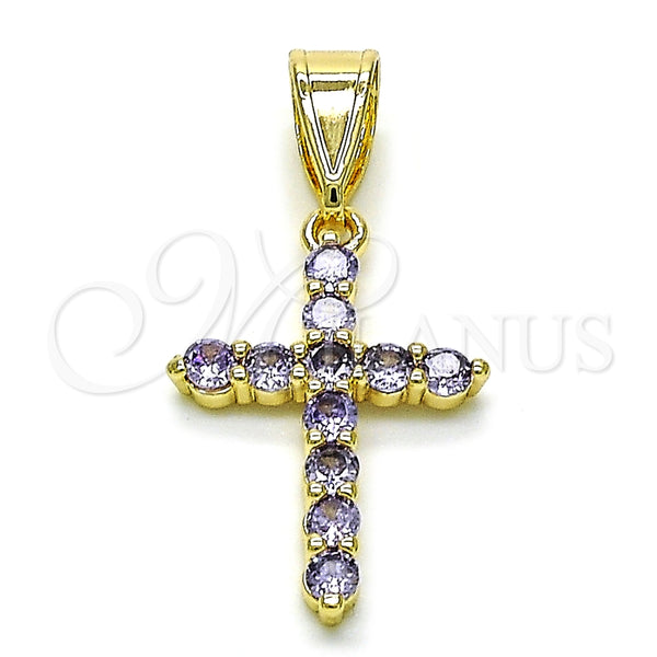Dije Religioso 05.253.0182.1 Oro Laminado, Diseño de Cruz, con Zirconia Cubica Amatista, Pulido, Tono Dorado