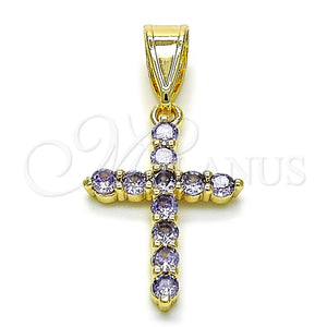 Dije Religioso 05.253.0182.1 Oro Laminado, Diseño de Cruz, con Zirconia Cubica Amatista, Pulido, Tono Dorado