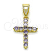 Dije Religioso 05.253.0182.1 Oro Laminado, Diseño de Cruz, con Zirconia Cubica Amatista, Pulido, Tono Dorado