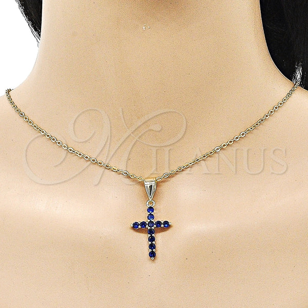 Dije Religioso 05.253.0182.2 Oro Laminado, Diseño de Cruz, con Zafiro Azul Zirconia Cubica, Pulido, Tono Dorado