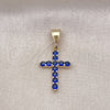 Dije Religioso 05.253.0182.2 Oro Laminado, Diseño de Cruz, con Zafiro Azul Zirconia Cubica, Pulido, Tono Dorado