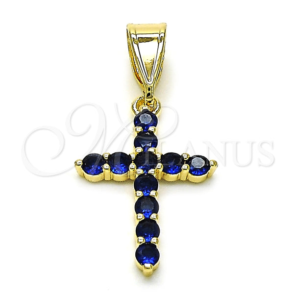 Dije Religioso 05.253.0182.2 Oro Laminado, Diseño de Cruz, con Zafiro Azul Zirconia Cubica, Pulido, Tono Dorado