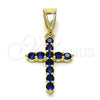 Dije Religioso 05.253.0182.2 Oro Laminado, Diseño de Cruz, con Zafiro Azul Zirconia Cubica, Pulido, Tono Dorado