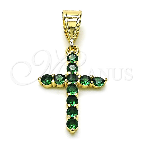 Dije Religioso 05.253.0182.3 Oro Laminado, Diseño de Cruz, con Verde Zirconia Cubica, Pulido, Tono Dorado