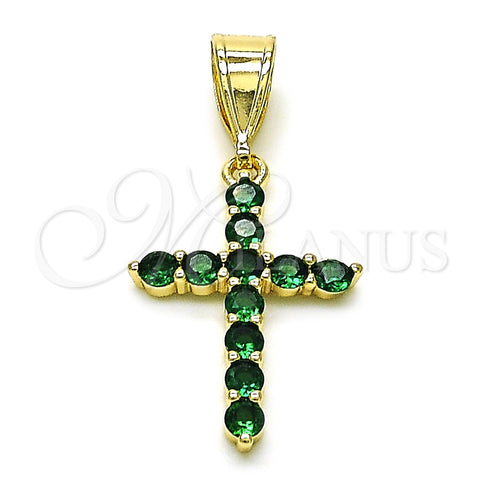 Dije Religioso 05.253.0182.3 Oro Laminado, Diseño de Cruz, con Verde Zirconia Cubica, Pulido, Tono Dorado