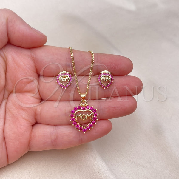 Juego de Arete y Dije de Adulto 10.156.0416.2 Oro Laminado, Diseño de Mama y Corazón, con Rubi Zirconia Cubica, Pulido, Tono Dorado