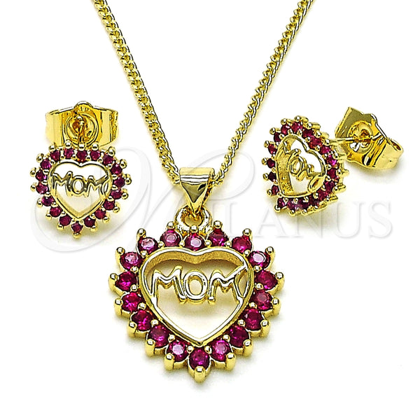 Juego de Arete y Dije de Adulto 10.156.0416.2 Oro Laminado, Diseño de Mama y Corazón, con Rubi Zirconia Cubica, Pulido, Tono Dorado