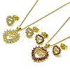 Juego de Arete y Dije de Adulto 10.156.0416.2 Oro Laminado, Diseño de Mama y Corazón, con Rubi Zirconia Cubica, Pulido, Tono Dorado
