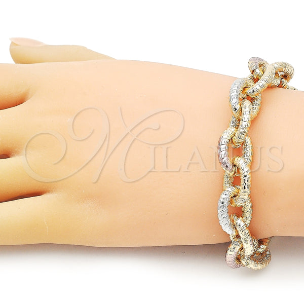 Pulsera Elegante 03.331.0221.1.09 Oro Laminado, Diseño de Rolo, Diamantado, Tres Tonos (13 MM Thickness, 9 Inches Length)