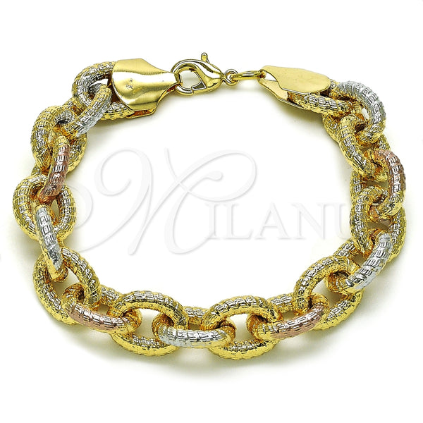 Pulsera Elegante 03.331.0221.1.09 Oro Laminado, Diseño de Rolo, Diamantado, Tres Tonos (13 MM Thickness, 9 Inches Length)