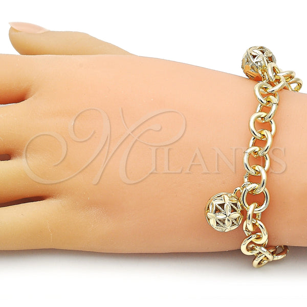 Pulsera de Dije 03.331.0240.08 Oro Laminado, Diseño de Bola y Rolo, Diamantado, Tono Dorado (10 MM Thickness, 8 Inches Length)