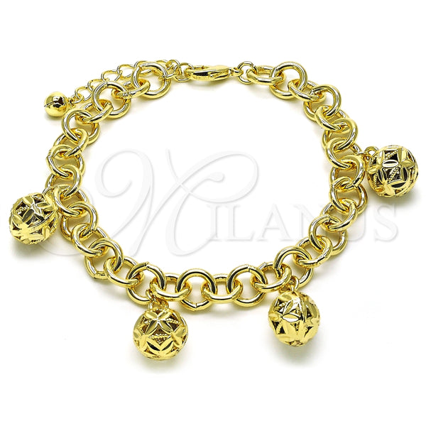 Pulsera de Dije 03.331.0240.08 Oro Laminado, Diseño de Bola y Rolo, Diamantado, Tono Dorado (10 MM Thickness, 8 Inches Length)