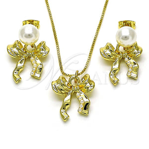 Juego de Arete y Dije de Adulto 10.417.0003 Oro Laminado, Diseño de Arco y Bola, con Marfil Perla, Pulido, Tono Dorado