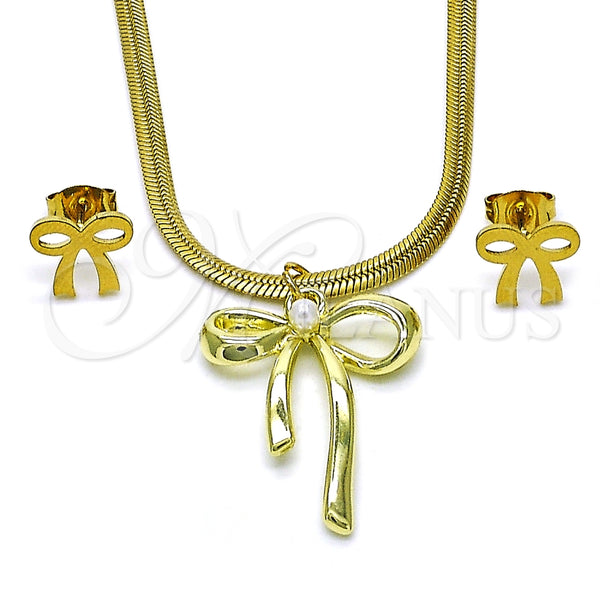 Juego de Arete y Dije de Adulto 10.417.0005 Oro Laminado, Diseño de Arco y Cola de Raton, con Marfil Perla, Pulido, Tono Dorado